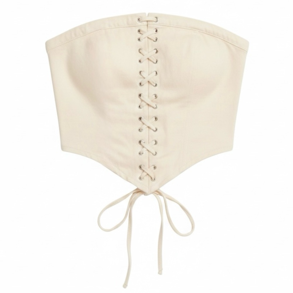White Fox Boutique Cream Lace Up Denim Corset Tube Top - Size M - Picture 2 of 2